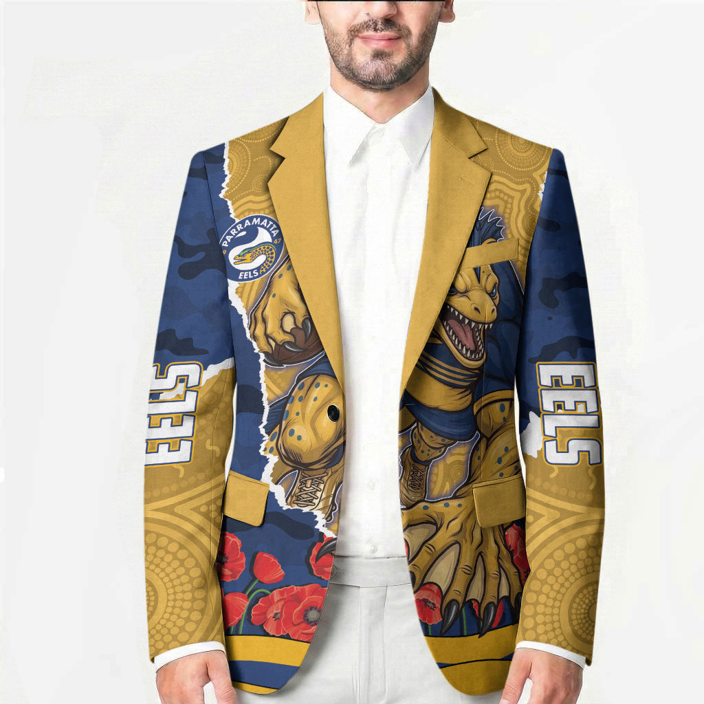 Personalized Parramatta Eels ANZAC Tribute Blazer Poppy Field Soldier Silhouette Aboriginal Rugby Mascot