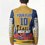 Personalized Parramatta Eels ANZAC Tribute Blazer Poppy Field Soldier Silhouette Aboriginal Rugby Mascot