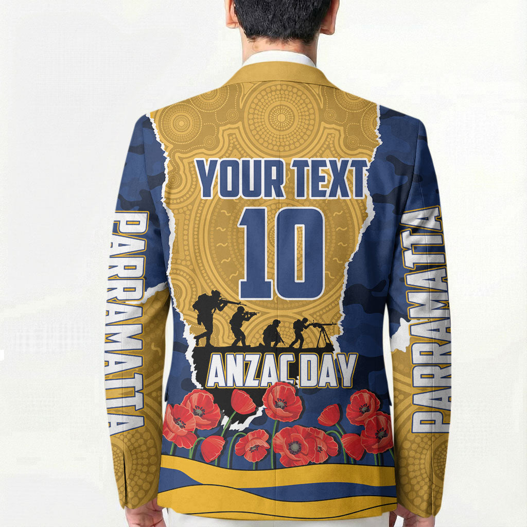 Personalized Parramatta Eels ANZAC Tribute Blazer Poppy Field Soldier Silhouette Aboriginal Rugby Mascot