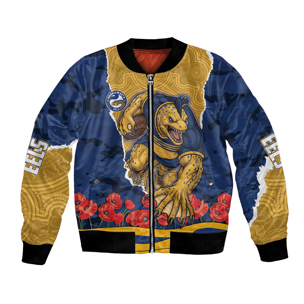 Personalized Parramatta Eels ANZAC Tribute Bomber Jacket Poppy Field Soldier Silhouette Aboriginal Rugby Mascot