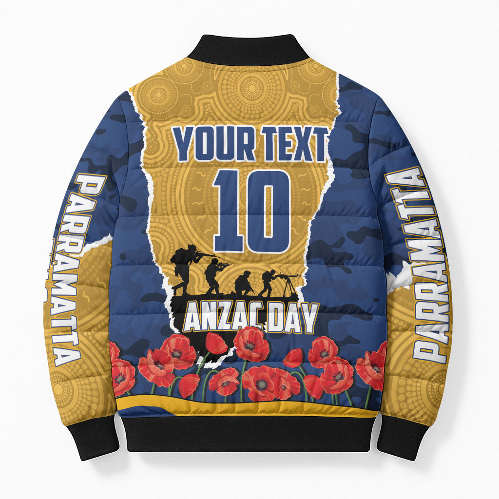 Personalized Parramatta Eels ANZAC Tribute Bomber Puffer Jacket Poppy Field Soldier Silhouette Aboriginal Rugby Mascot