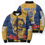 Personalized Parramatta Eels ANZAC Tribute Bomber Puffer Jacket Poppy Field Soldier Silhouette Aboriginal Rugby Mascot