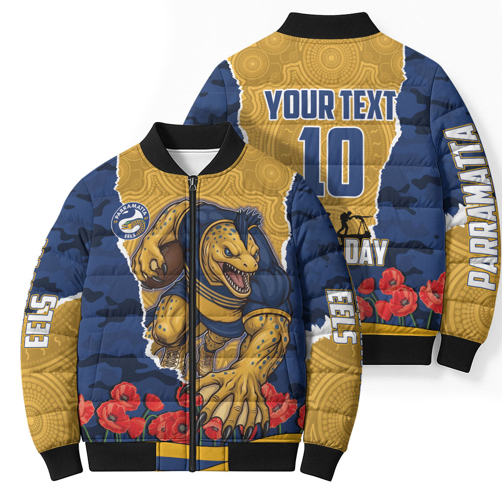 Personalized Parramatta Eels ANZAC Tribute Bomber Puffer Jacket Poppy Field Soldier Silhouette Aboriginal Rugby Mascot