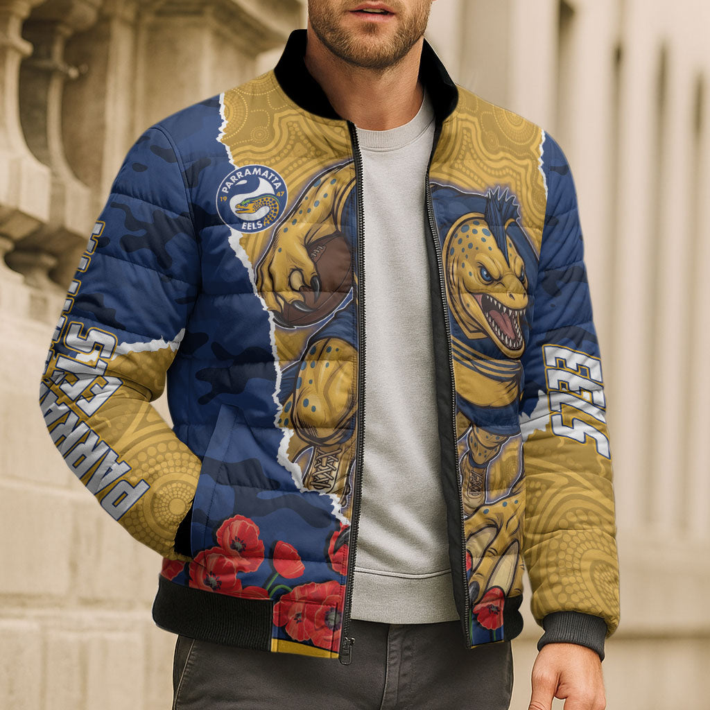 Personalized Parramatta Eels ANZAC Tribute Bomber Puffer Jacket Poppy Field Soldier Silhouette Aboriginal Rugby Mascot
