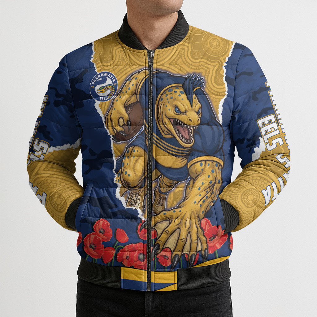Personalized Parramatta Eels ANZAC Tribute Bomber Puffer Jacket Poppy Field Soldier Silhouette Aboriginal Rugby Mascot