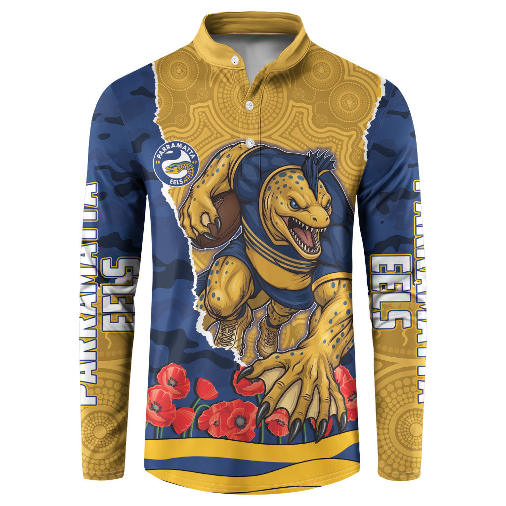 Personalized Parramatta Eels ANZAC Tribute Button Sweatshirt Poppy Field Soldier Silhouette Aboriginal Rugby Mascot