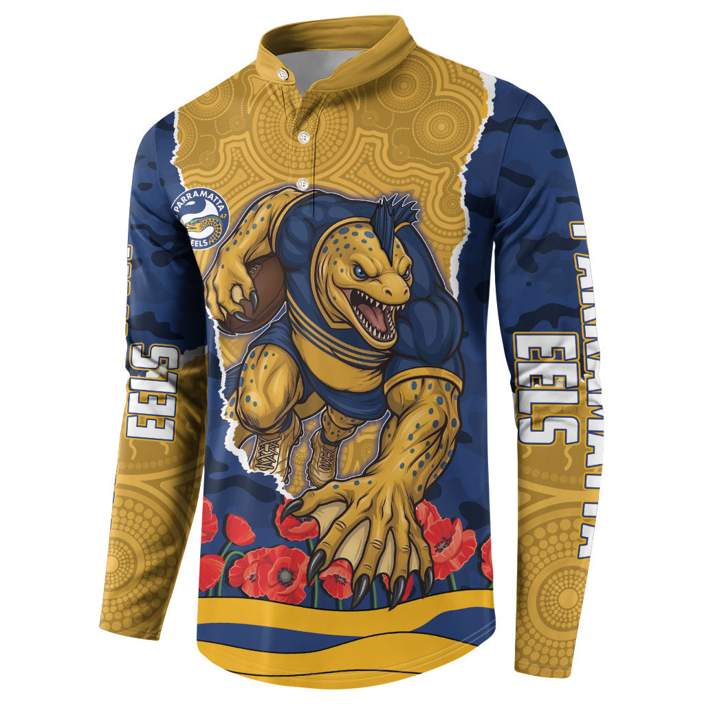 Personalized Parramatta Eels ANZAC Tribute Button Sweatshirt Poppy Field Soldier Silhouette Aboriginal Rugby Mascot