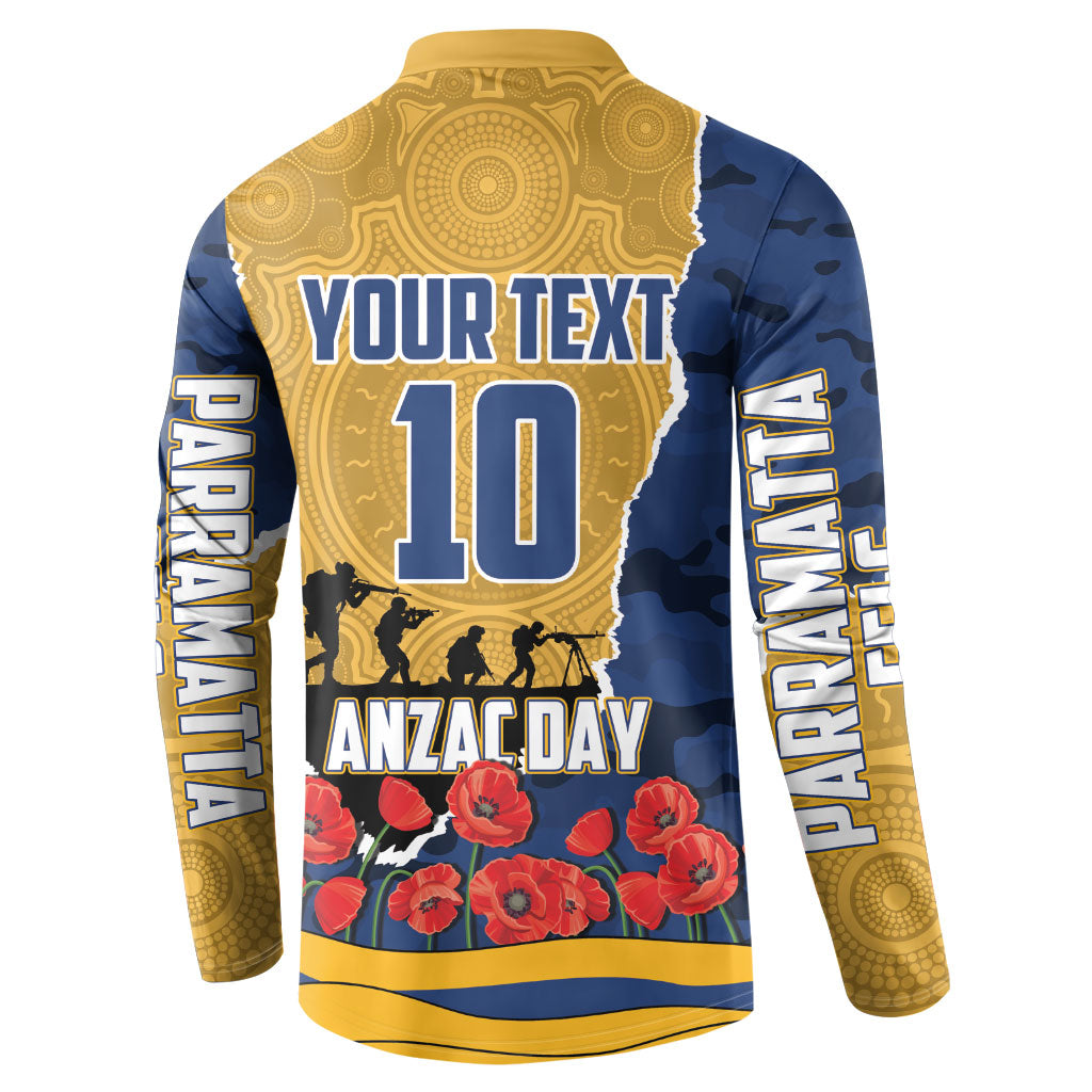 Personalized Parramatta Eels ANZAC Tribute Button Sweatshirt Poppy Field Soldier Silhouette Aboriginal Rugby Mascot