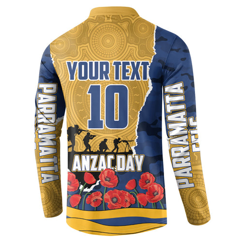 Personalized Parramatta Eels ANZAC Tribute Button Sweatshirt Poppy Field Soldier Silhouette Aboriginal Rugby Mascot