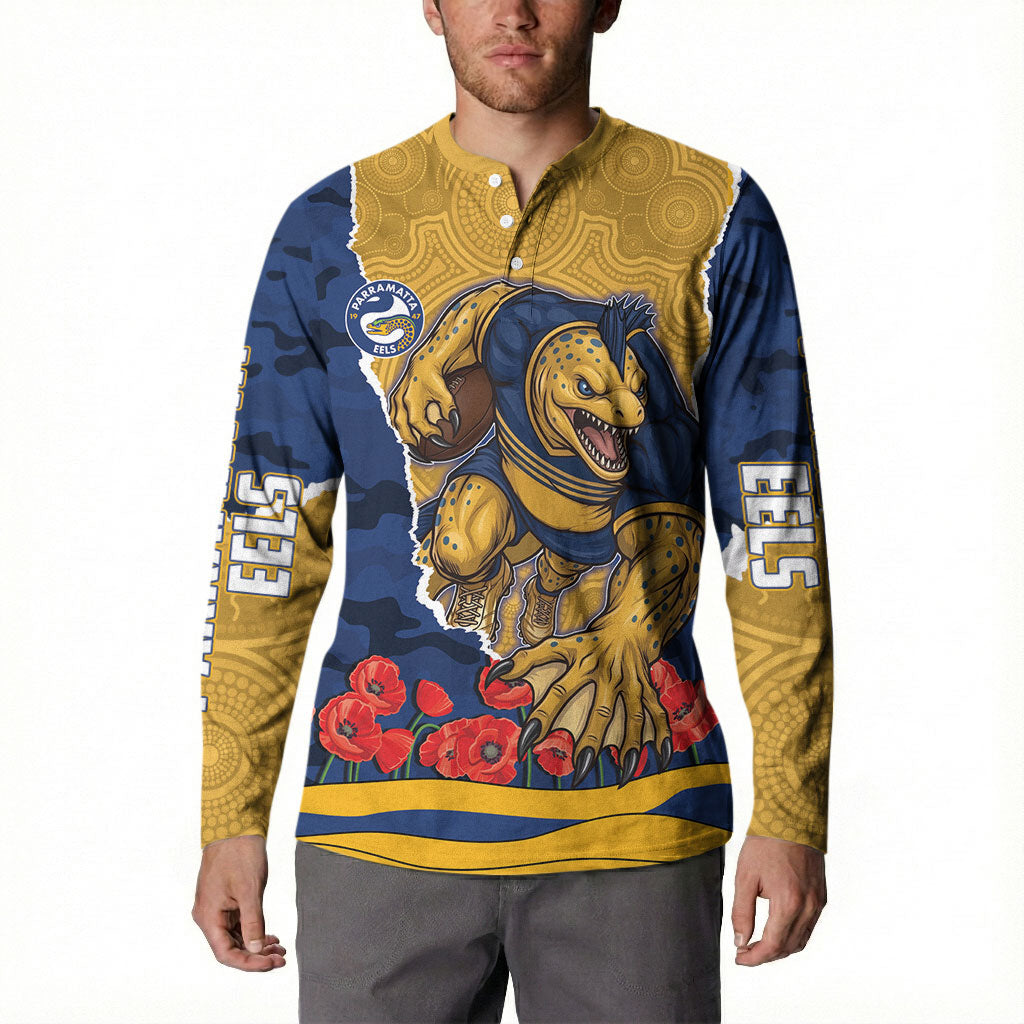 Personalized Parramatta Eels ANZAC Tribute Button Sweatshirt Poppy Field Soldier Silhouette Aboriginal Rugby Mascot