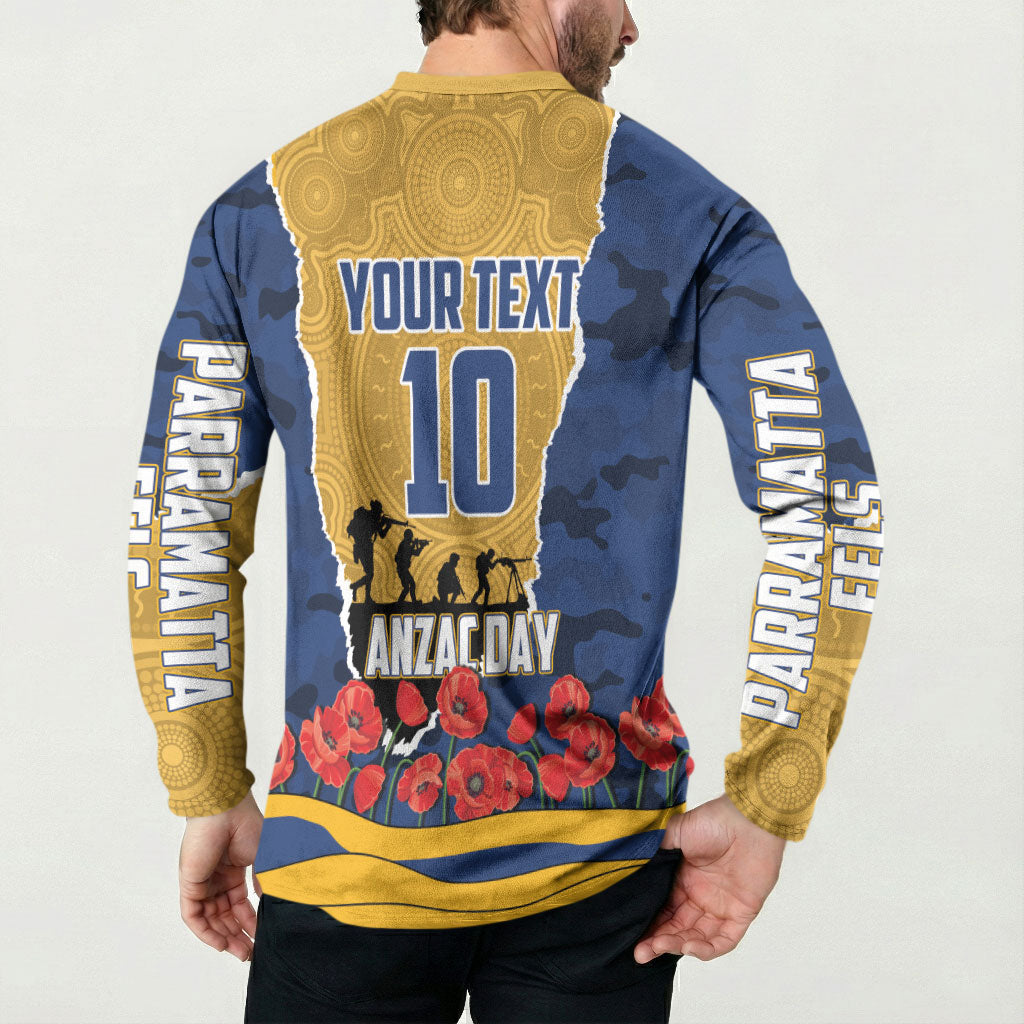 Personalized Parramatta Eels ANZAC Tribute Button Sweatshirt Poppy Field Soldier Silhouette Aboriginal Rugby Mascot