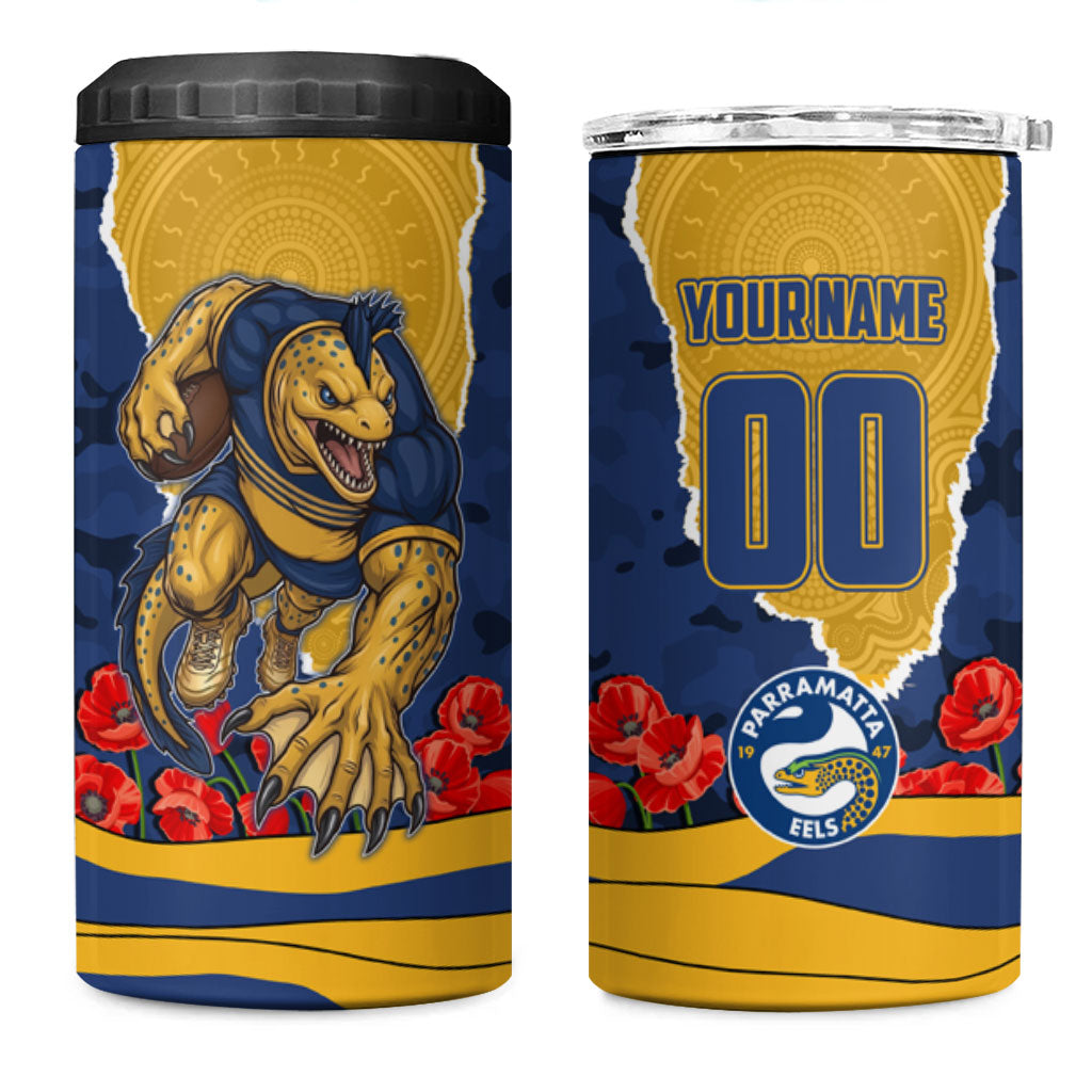 Personalized Parramatta Eels ANZAC Tribute 4 in 1 Can Cooler Tumbler Poppy Field Soldier Silhouette Aboriginal Rugby Mascot
