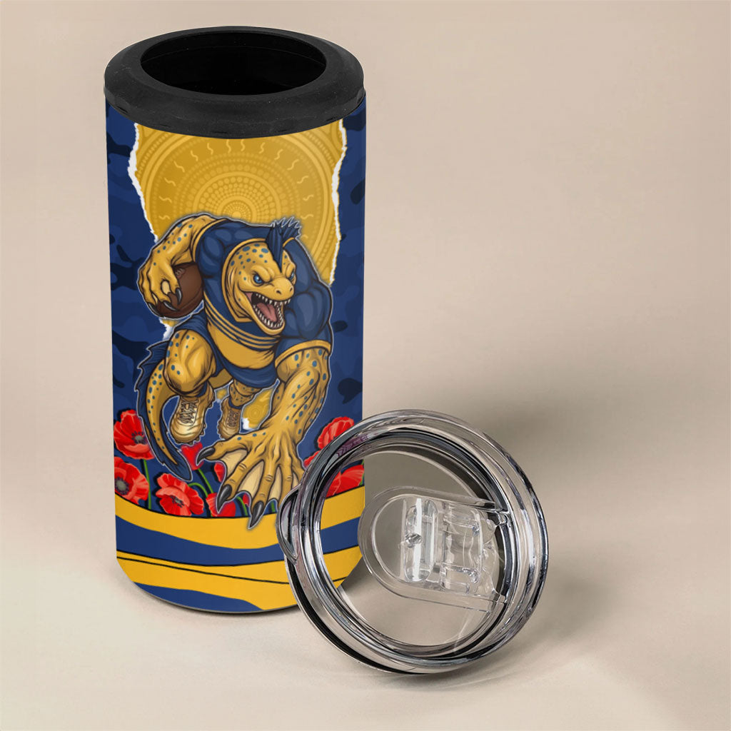 Personalized Parramatta Eels ANZAC Tribute 4 in 1 Can Cooler Tumbler Poppy Field Soldier Silhouette Aboriginal Rugby Mascot