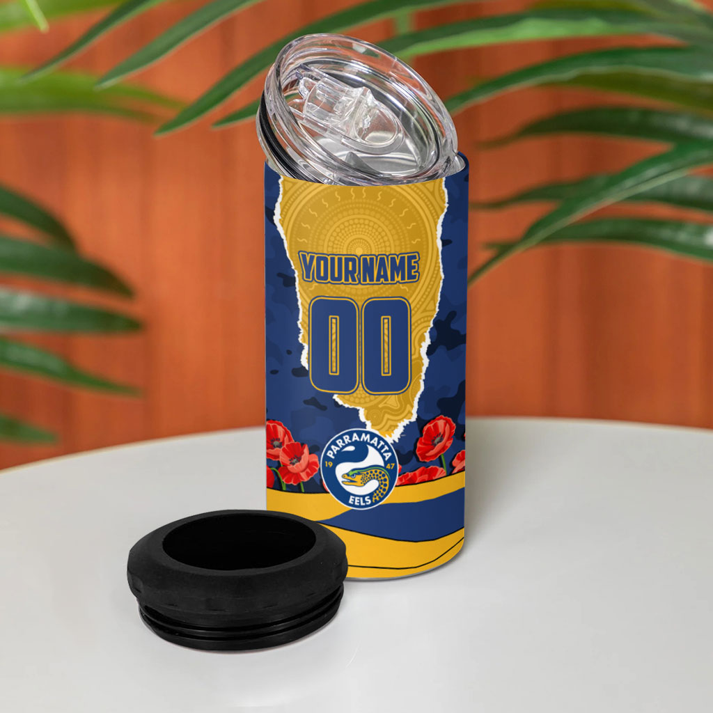 Personalized Parramatta Eels ANZAC Tribute 4 in 1 Can Cooler Tumbler Poppy Field Soldier Silhouette Aboriginal Rugby Mascot