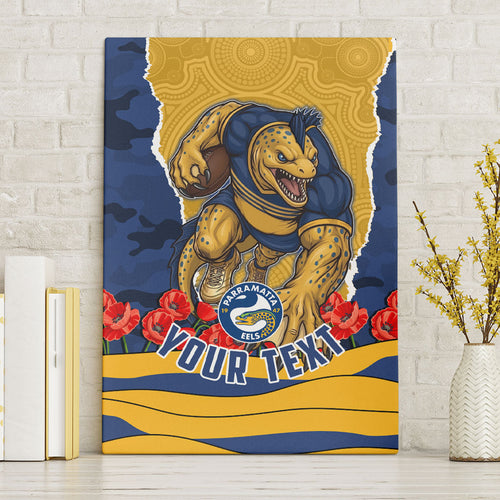 Personalized Parramatta Eels ANZAC Tribute Canvas Wall Art Poppy Field Soldier Silhouette Aboriginal Rugby Mascot