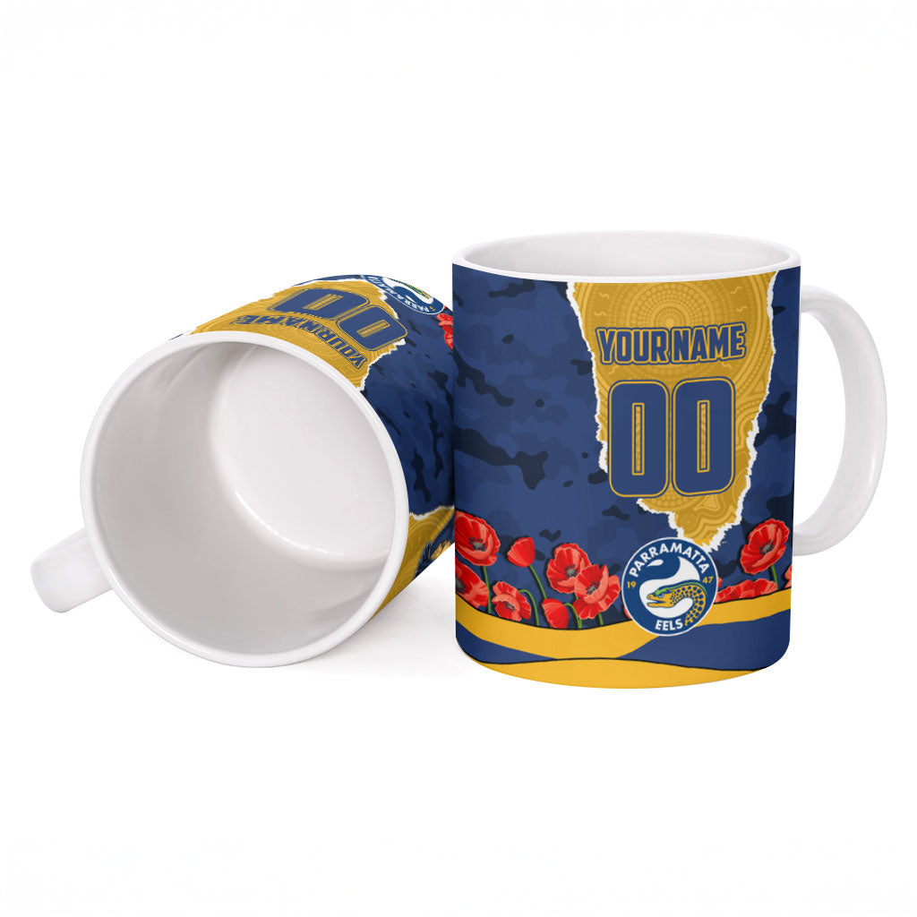 Personalized Parramatta Eels ANZAC Tribute Ceramic Mug Poppy Field Soldier Silhouette Aboriginal Rugby Mascot