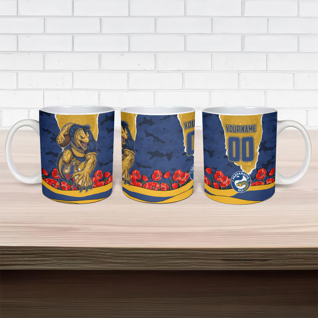 Personalized Parramatta Eels ANZAC Tribute Ceramic Mug Poppy Field Soldier Silhouette Aboriginal Rugby Mascot