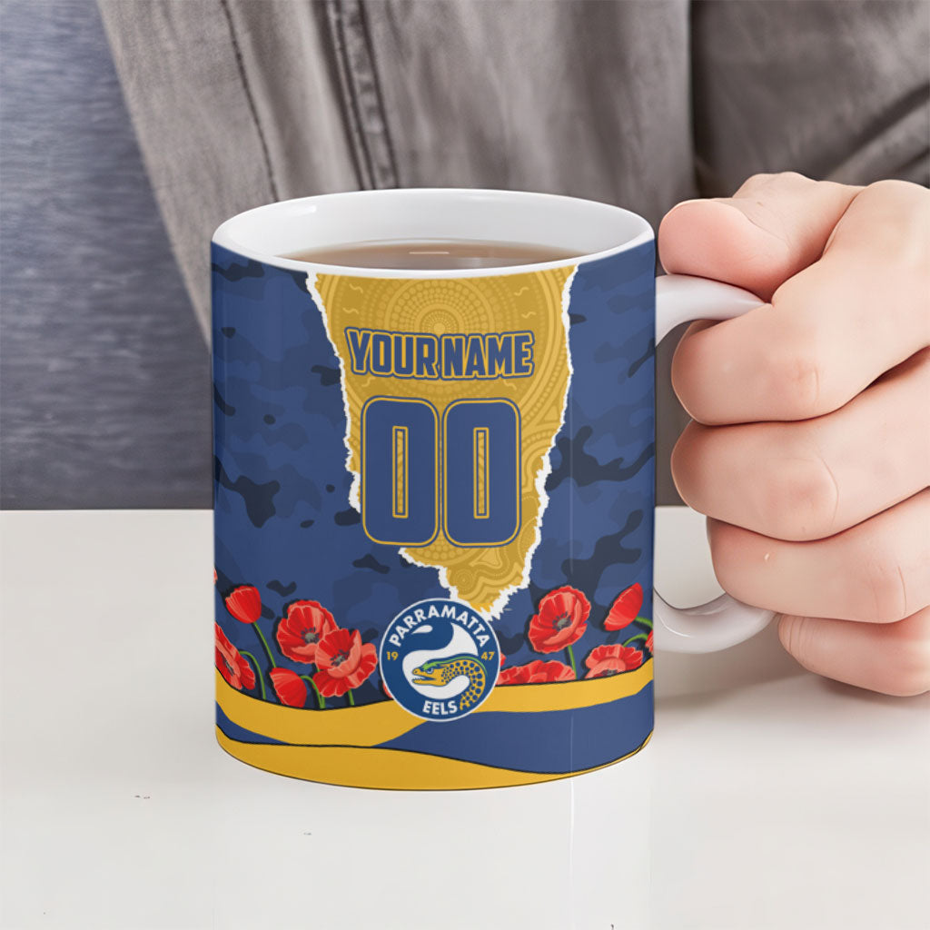Personalized Parramatta Eels ANZAC Tribute Ceramic Mug Poppy Field Soldier Silhouette Aboriginal Rugby Mascot