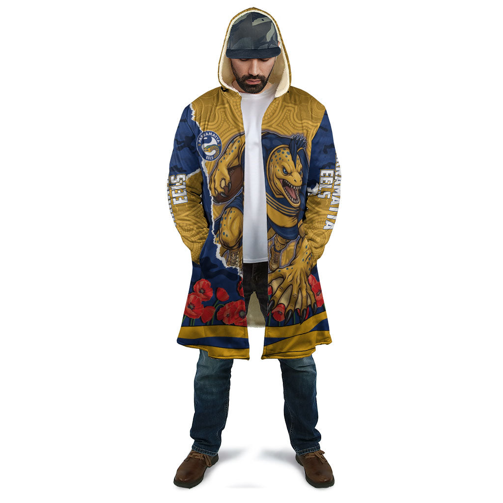 Personalized Parramatta Eels ANZAC Tribute Cloak Poppy Field Soldier Silhouette Aboriginal Rugby Mascot
