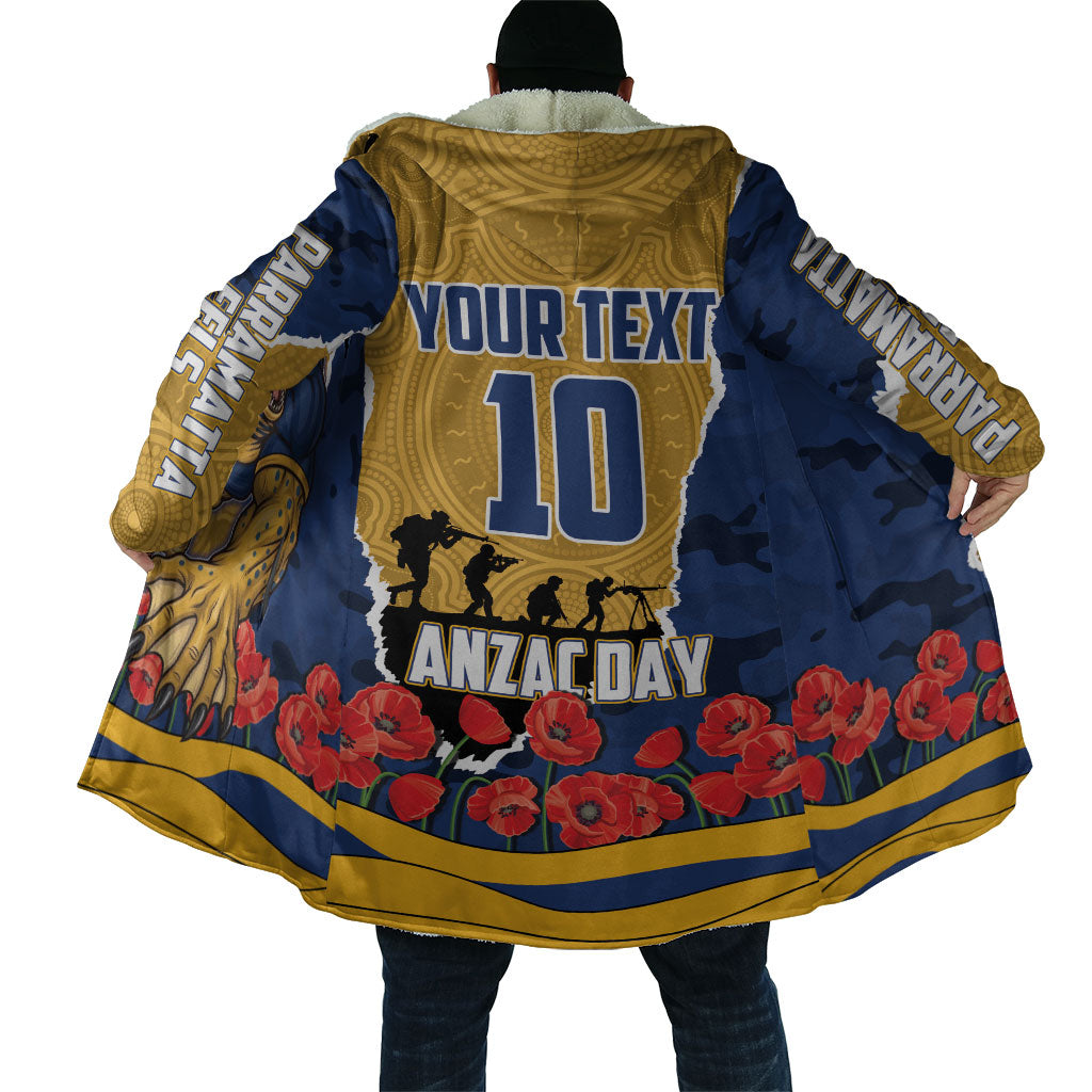 Personalized Parramatta Eels ANZAC Tribute Cloak Poppy Field Soldier Silhouette Aboriginal Rugby Mascot