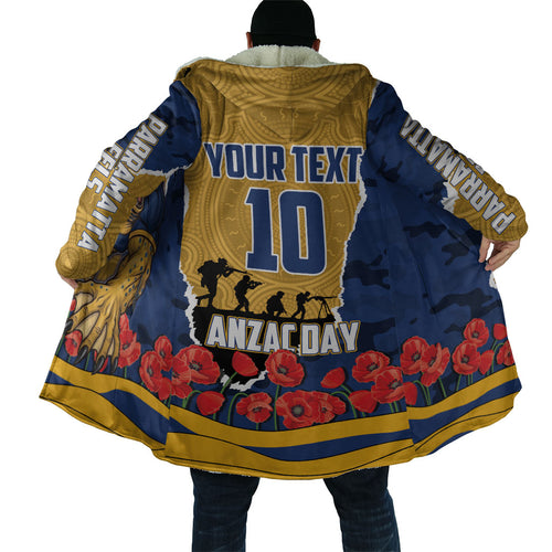 Personalized Parramatta Eels ANZAC Tribute Cloak Poppy Field Soldier Silhouette Aboriginal Rugby Mascot