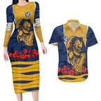 Personalized Parramatta Eels ANZAC Tribute Couples Matching Long Sleeve Bodycon Dress and Hawaiian Shirt Poppy Field Soldier Silhouette Aboriginal Rugby Mascot