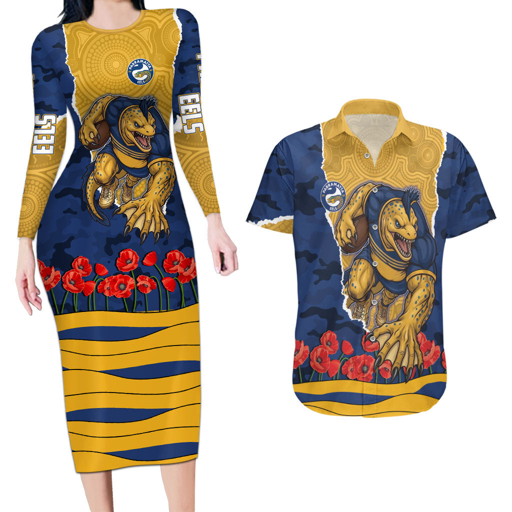 Personalized Parramatta Eels ANZAC Tribute Couples Matching Long Sleeve Bodycon Dress and Hawaiian Shirt Poppy Field Soldier Silhouette Aboriginal Rugby Mascot