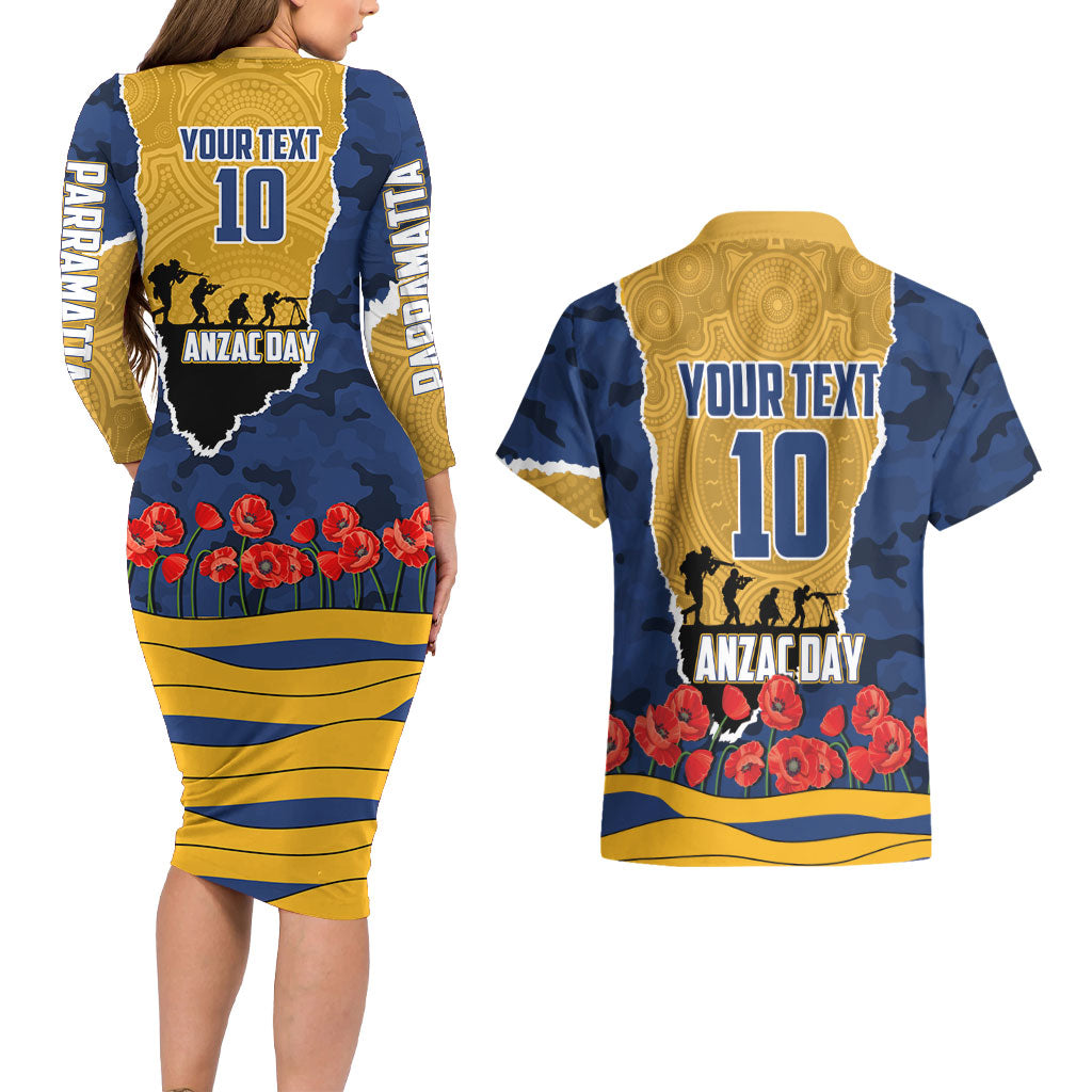 Personalized Parramatta Eels ANZAC Tribute Couples Matching Long Sleeve Bodycon Dress and Hawaiian Shirt Poppy Field Soldier Silhouette Aboriginal Rugby Mascot