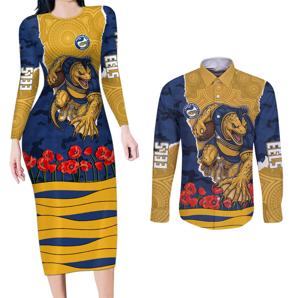Personalized Parramatta Eels ANZAC Tribute Couples Matching Long Sleeve Bodycon Dress and Long Sleeve Button Shirt Poppy Field Soldier Silhouette Aboriginal Rugby Mascot