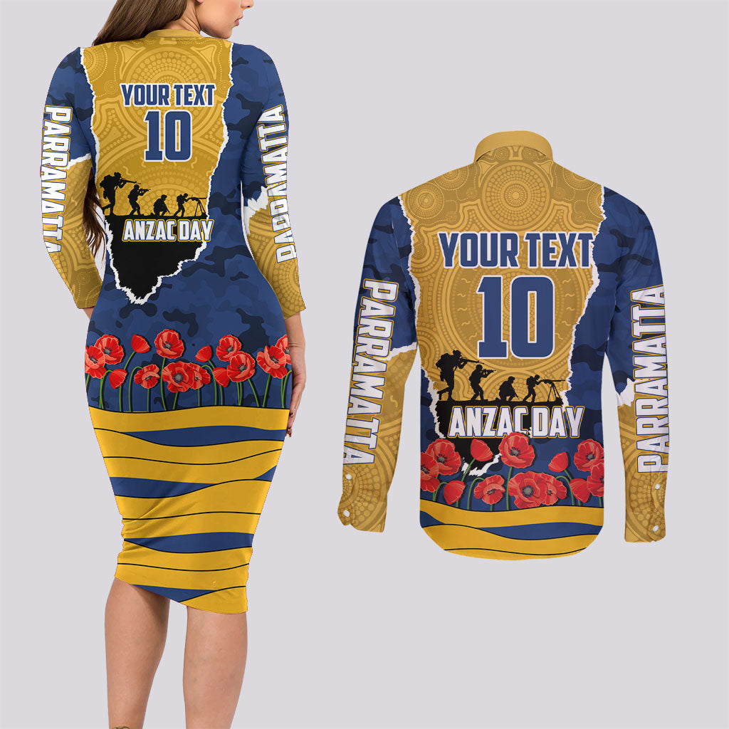 Personalized Parramatta Eels ANZAC Tribute Couples Matching Long Sleeve Bodycon Dress and Long Sleeve Button Shirt Poppy Field Soldier Silhouette Aboriginal Rugby Mascot