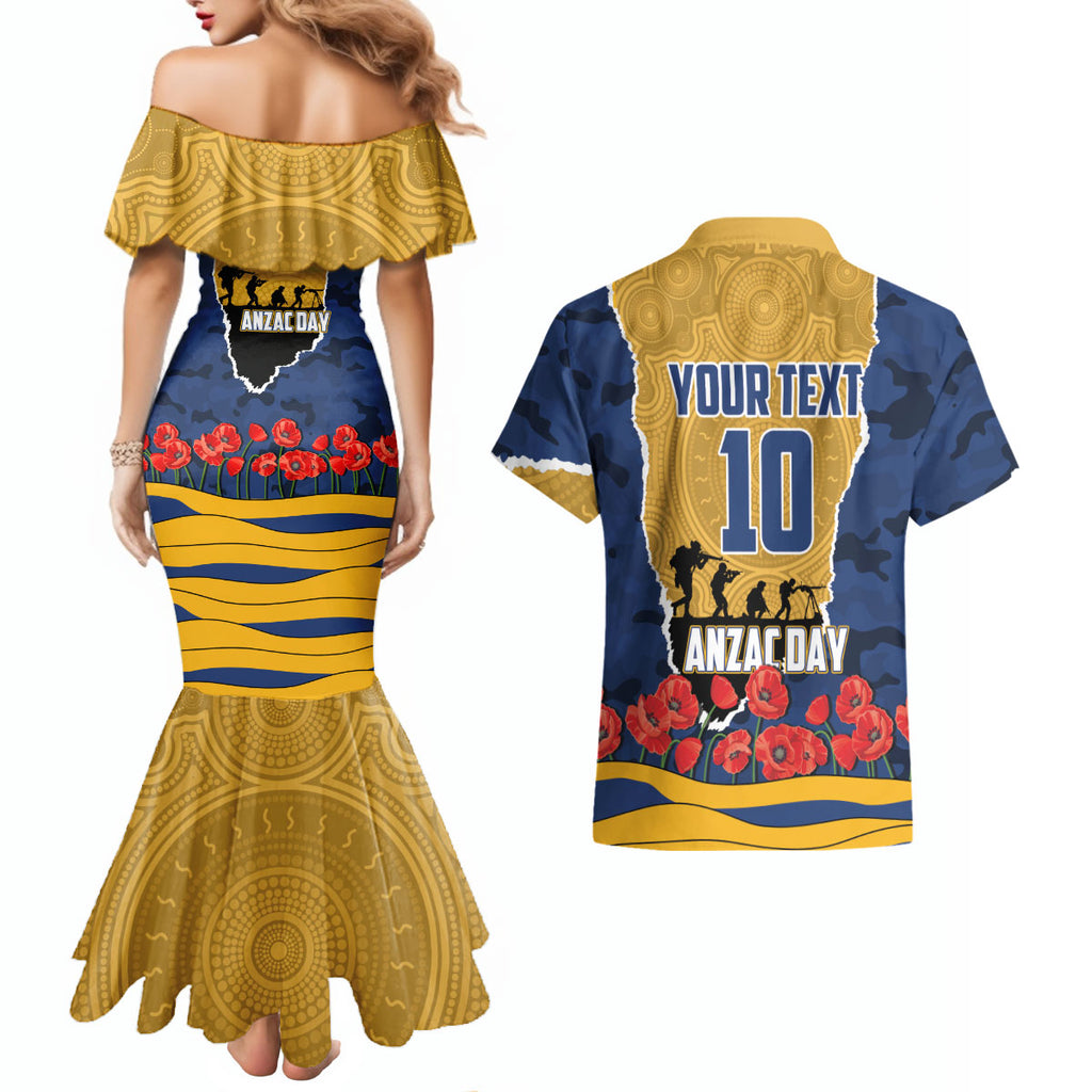 Personalized Parramatta Eels ANZAC Tribute Couples Matching Mermaid Dress and Hawaiian Shirt Poppy Field Soldier Silhouette Aboriginal Rugby Mascot