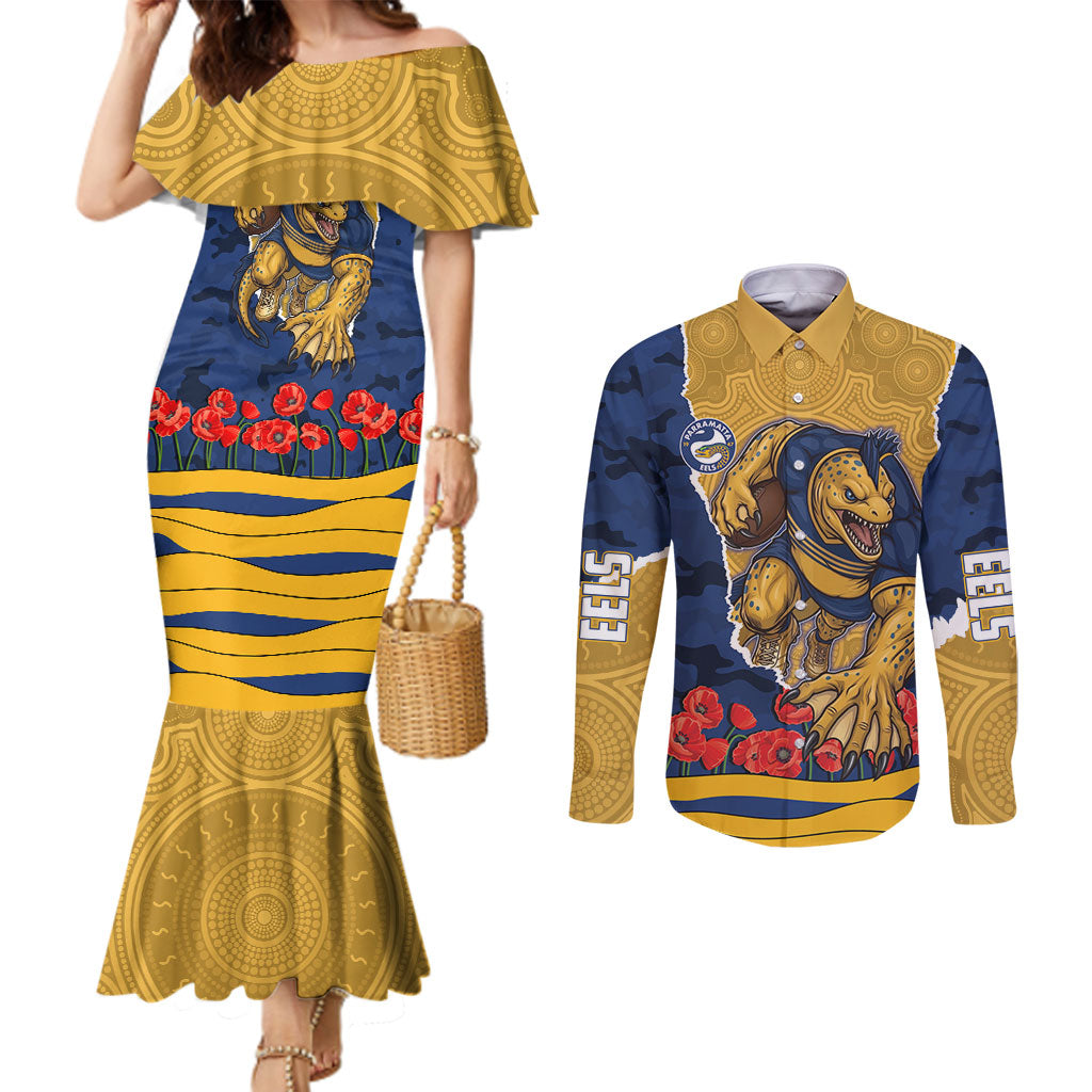 Personalized Parramatta Eels ANZAC Tribute Couples Matching Mermaid Dress and Long Sleeve Button Shirt Poppy Field Soldier Silhouette Aboriginal Rugby Mascot