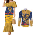 Personalized Parramatta Eels ANZAC Tribute Couples Matching Mermaid Dress and Long Sleeve Button Shirt Poppy Field Soldier Silhouette Aboriginal Rugby Mascot