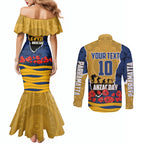 Personalized Parramatta Eels ANZAC Tribute Couples Matching Mermaid Dress and Long Sleeve Button Shirt Poppy Field Soldier Silhouette Aboriginal Rugby Mascot