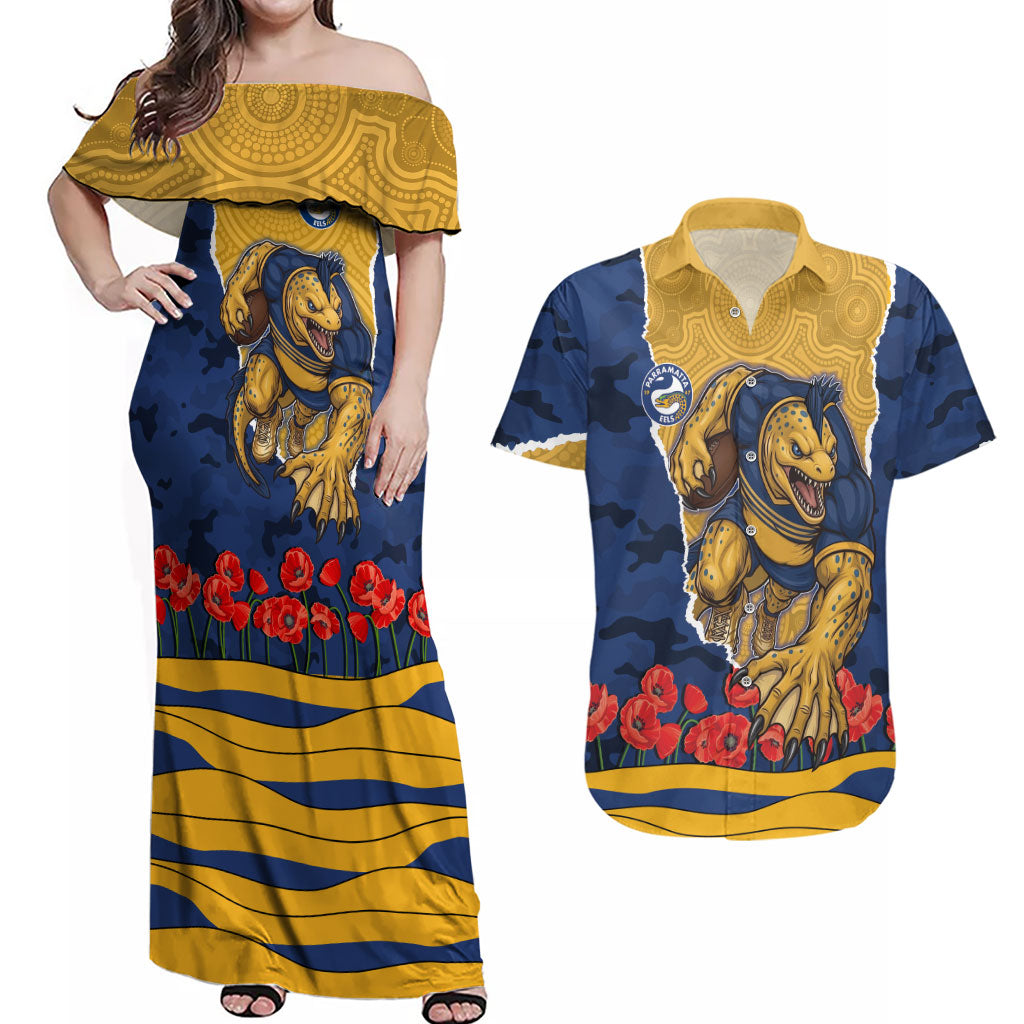 Personalized Parramatta Eels ANZAC Tribute Couples Matching Off Shoulder Maxi Dress and Hawaiian Shirt Poppy Field Soldier Silhouette Aboriginal Rugby Mascot