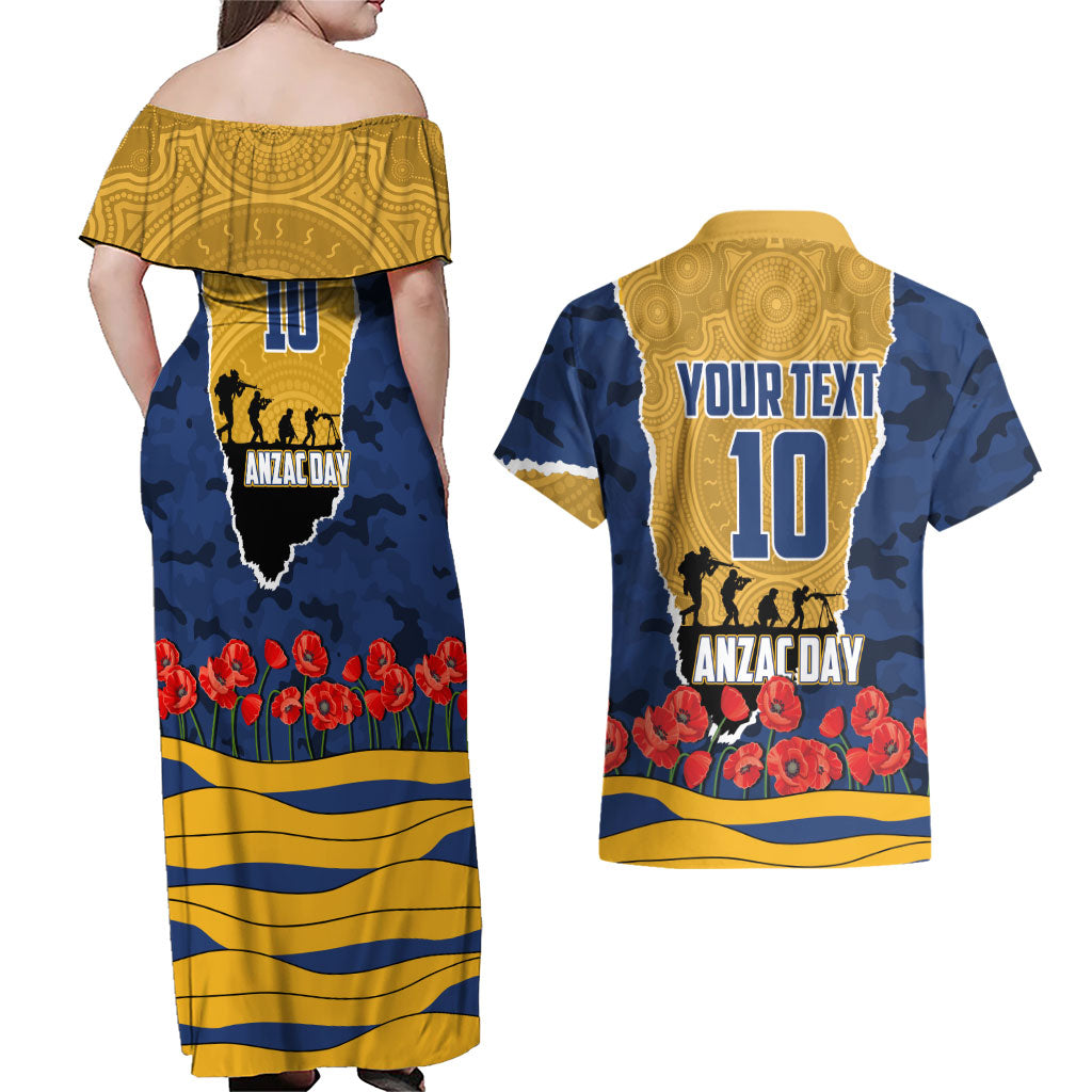 Personalized Parramatta Eels ANZAC Tribute Couples Matching Off Shoulder Maxi Dress and Hawaiian Shirt Poppy Field Soldier Silhouette Aboriginal Rugby Mascot