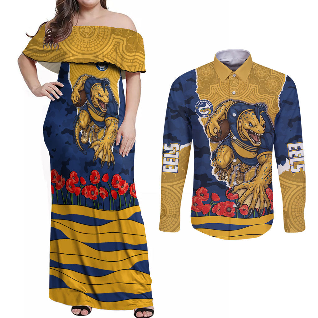Personalized Parramatta Eels ANZAC Tribute Couples Matching Off Shoulder Maxi Dress and Long Sleeve Button Shirt Poppy Field Soldier Silhouette Aboriginal Rugby Mascot