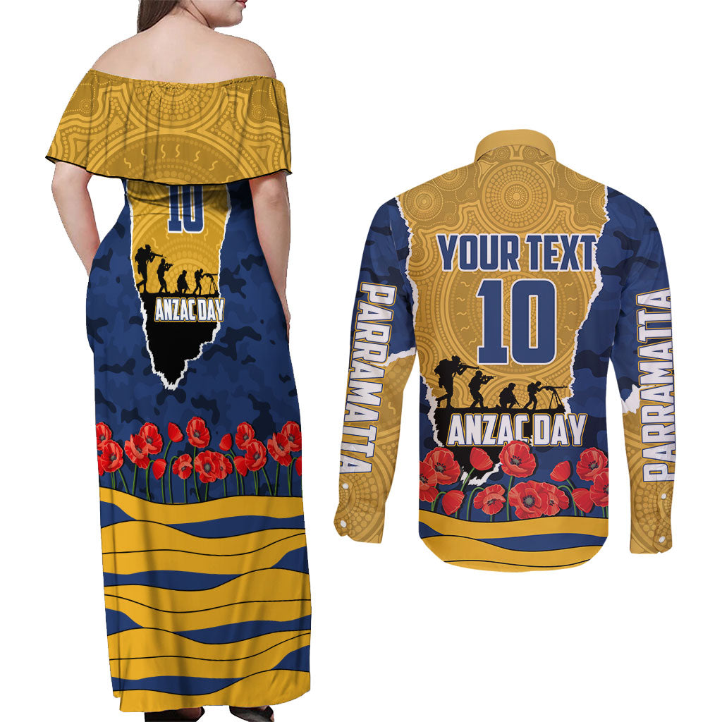 Personalized Parramatta Eels ANZAC Tribute Couples Matching Off Shoulder Maxi Dress and Long Sleeve Button Shirt Poppy Field Soldier Silhouette Aboriginal Rugby Mascot