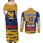 Personalized Parramatta Eels ANZAC Tribute Couples Matching Off Shoulder Maxi Dress and Long Sleeve Button Shirt Poppy Field Soldier Silhouette Aboriginal Rugby Mascot