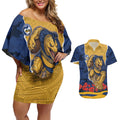 Personalized Parramatta Eels ANZAC Tribute Couples Matching Off Shoulder Short Dress and Hawaiian Shirt Poppy Field Soldier Silhouette Aboriginal Rugby Mascot