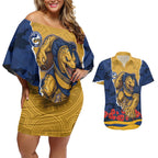 Personalized Parramatta Eels ANZAC Tribute Couples Matching Off Shoulder Short Dress and Hawaiian Shirt Poppy Field Soldier Silhouette Aboriginal Rugby Mascot