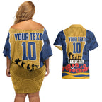 Personalized Parramatta Eels ANZAC Tribute Couples Matching Off Shoulder Short Dress and Hawaiian Shirt Poppy Field Soldier Silhouette Aboriginal Rugby Mascot