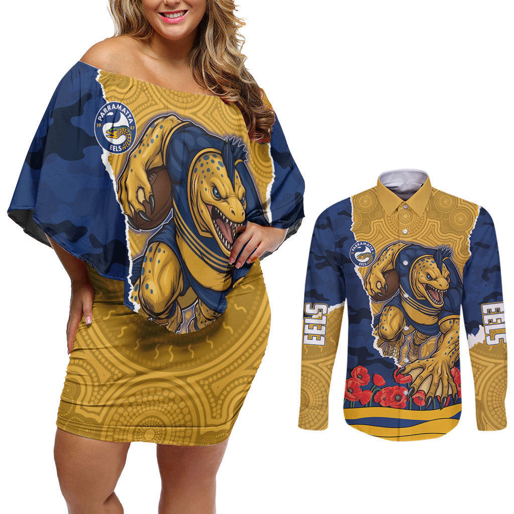Personalized Parramatta Eels ANZAC Tribute Couples Matching Off Shoulder Short Dress and Long Sleeve Button Shirt Poppy Field Soldier Silhouette Aboriginal Rugby Mascot
