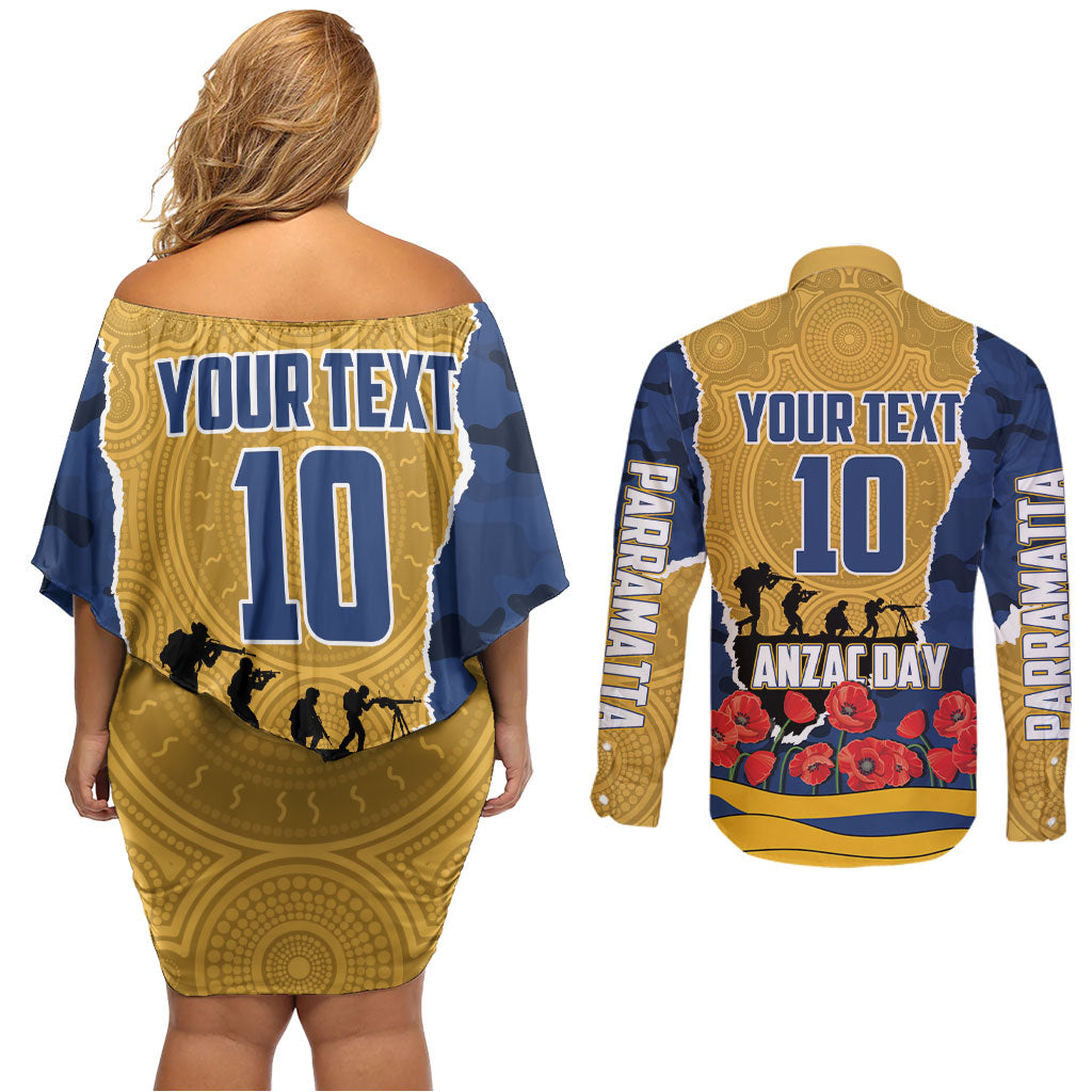 Personalized Parramatta Eels ANZAC Tribute Couples Matching Off Shoulder Short Dress and Long Sleeve Button Shirt Poppy Field Soldier Silhouette Aboriginal Rugby Mascot