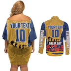Personalized Parramatta Eels ANZAC Tribute Couples Matching Off Shoulder Short Dress and Long Sleeve Button Shirt Poppy Field Soldier Silhouette Aboriginal Rugby Mascot