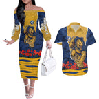 Personalized Parramatta Eels ANZAC Tribute Couples Matching Off The Shoulder Long Sleeve Dress and Hawaiian Shirt Poppy Field Soldier Silhouette Aboriginal Rugby Mascot