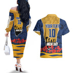 Personalized Parramatta Eels ANZAC Tribute Couples Matching Off The Shoulder Long Sleeve Dress and Hawaiian Shirt Poppy Field Soldier Silhouette Aboriginal Rugby Mascot