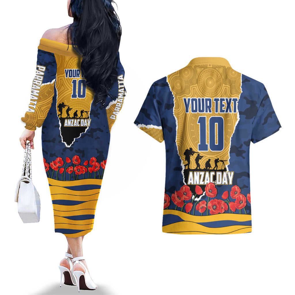 Personalized Parramatta Eels ANZAC Tribute Couples Matching Off The Shoulder Long Sleeve Dress and Hawaiian Shirt Poppy Field Soldier Silhouette Aboriginal Rugby Mascot