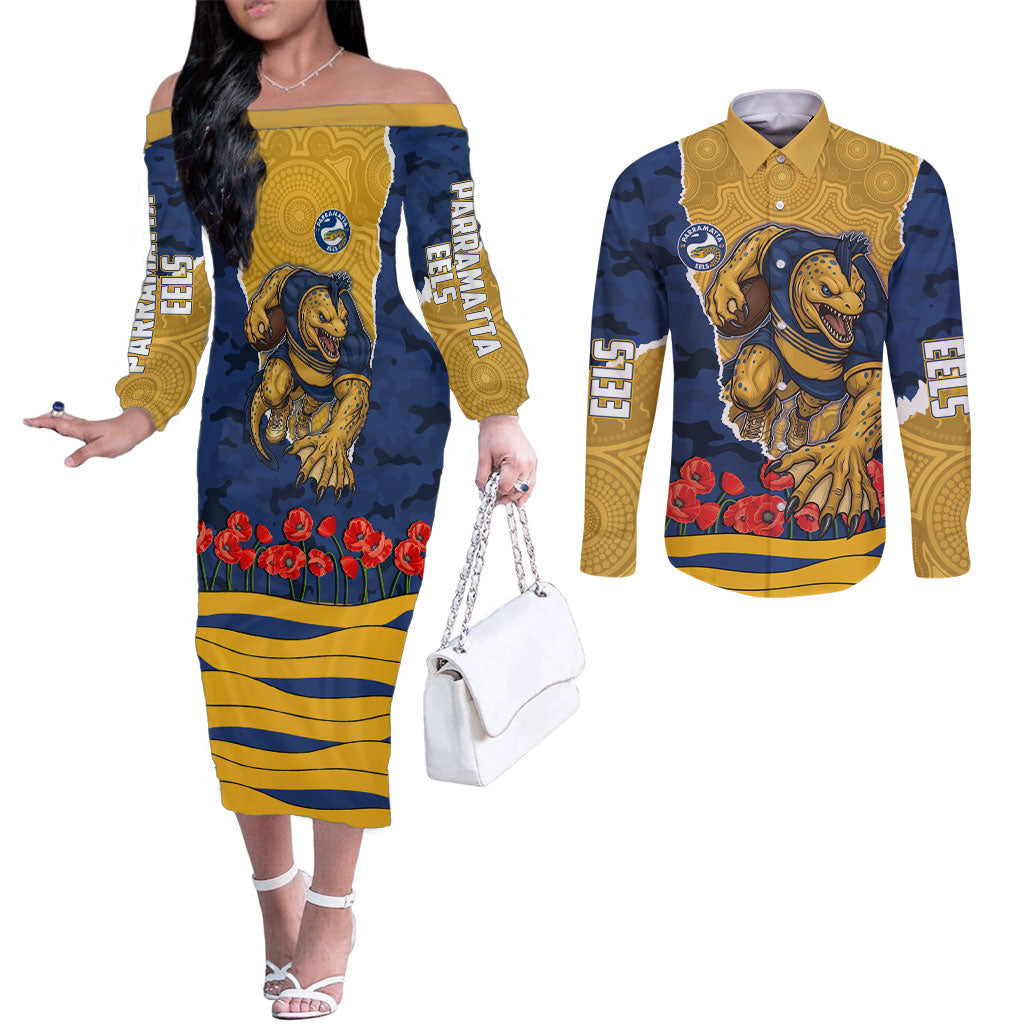 Personalized Parramatta Eels ANZAC Tribute Couples Matching Off The Shoulder Long Sleeve Dress and Long Sleeve Button Shirt Poppy Field Soldier Silhouette Aboriginal Rugby Mascot