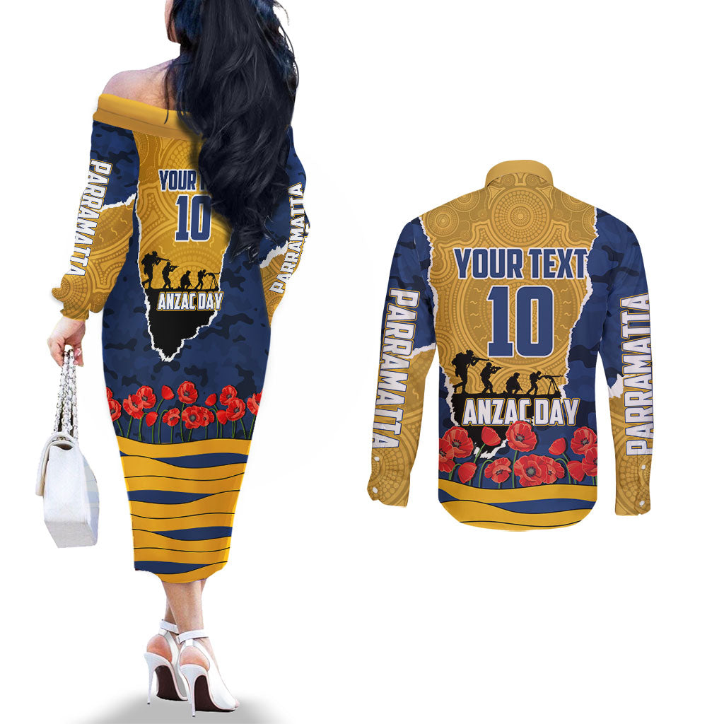 Personalized Parramatta Eels ANZAC Tribute Couples Matching Off The Shoulder Long Sleeve Dress and Long Sleeve Button Shirt Poppy Field Soldier Silhouette Aboriginal Rugby Mascot